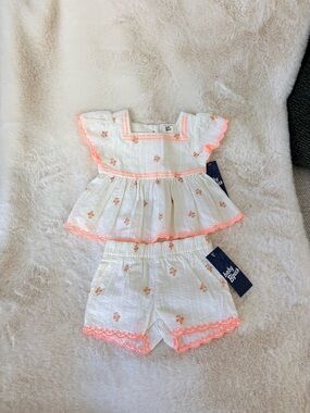 Baby Two-Piece White Set with Peach Trim 3 Mos